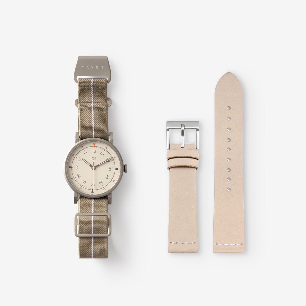 MUS-01 KHAKI P 40MM + Natural Leather Strap Gift Box